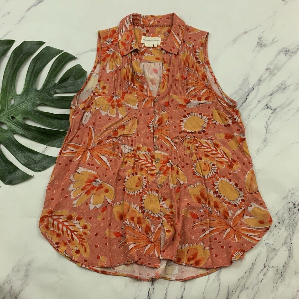 Vera For Anthropologie Floral Tank Blouse Top Size L Pink Orange Pintuck Pleats
